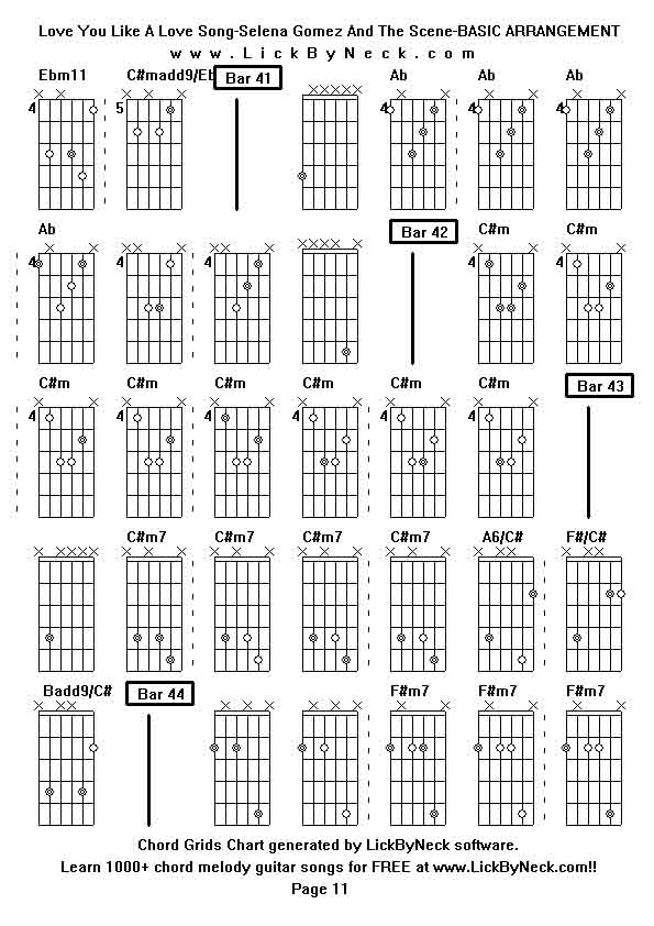 Chord Grids Chart of chord melody fingerstyle guitar song-Love You Like A Love Song-Selena Gomez And The Scene-BASIC ARRANGEMENT,generated by LickByNeck software.